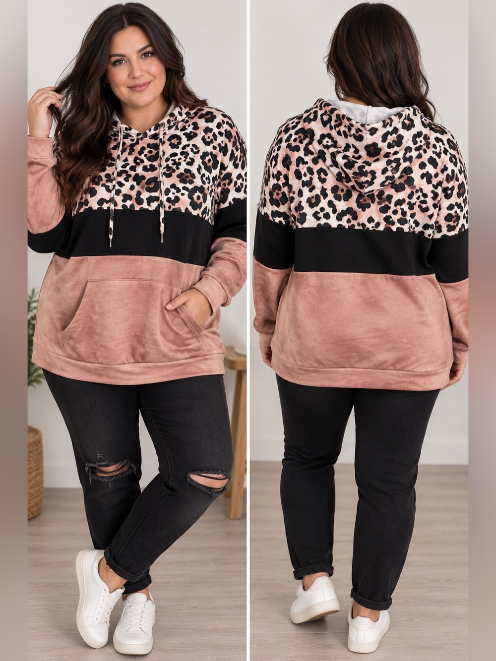 🌺New 2XL Leopard Print Colorblock Hoodie Sweatshirt- Blush/Black/White